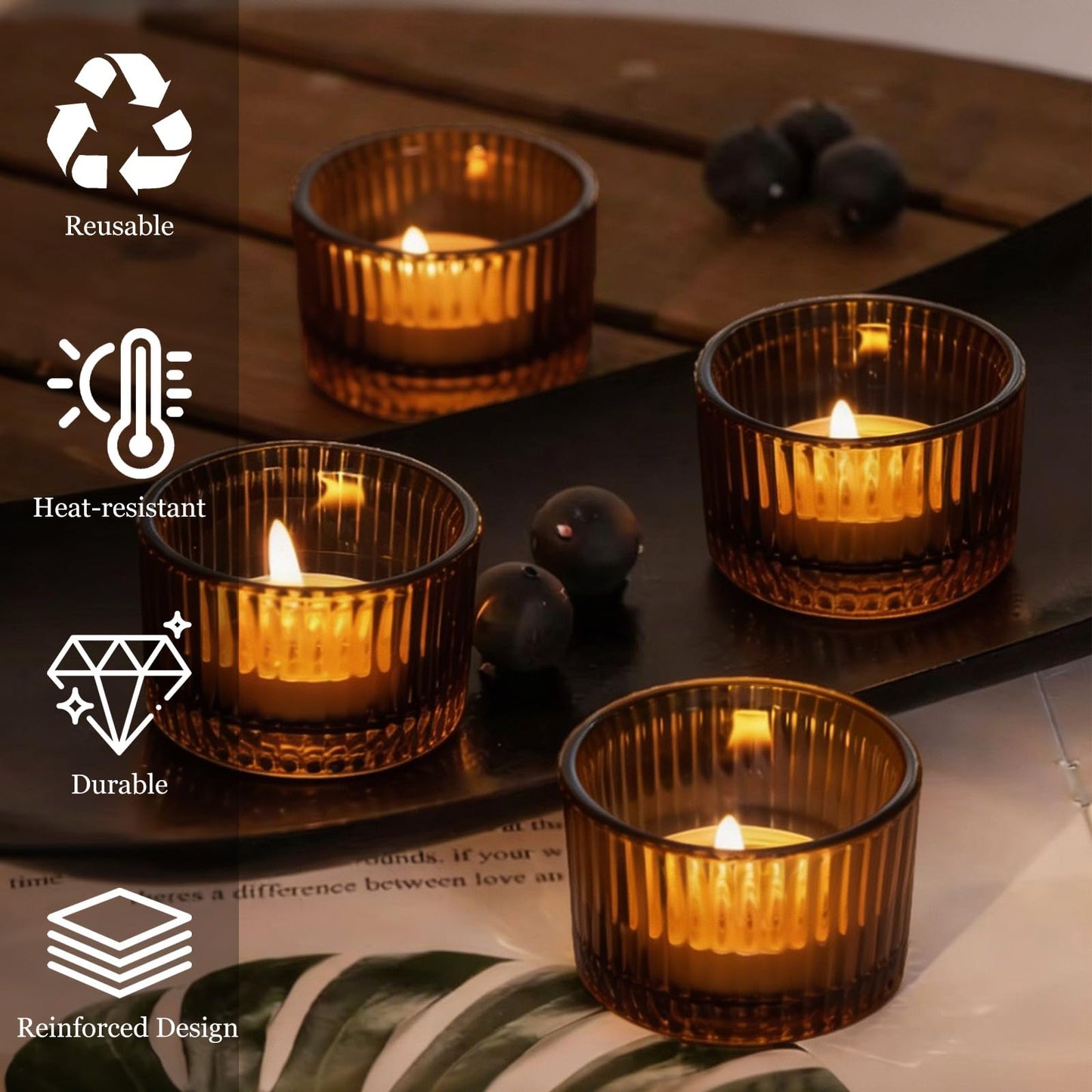 Amber Glass Votive Candle Holders 12 Pack, Small Glass Cups for Tea Lights, Wedding Centerpieces, Table Decorations, Home Decor, Party Favors, Bulk Set of 12