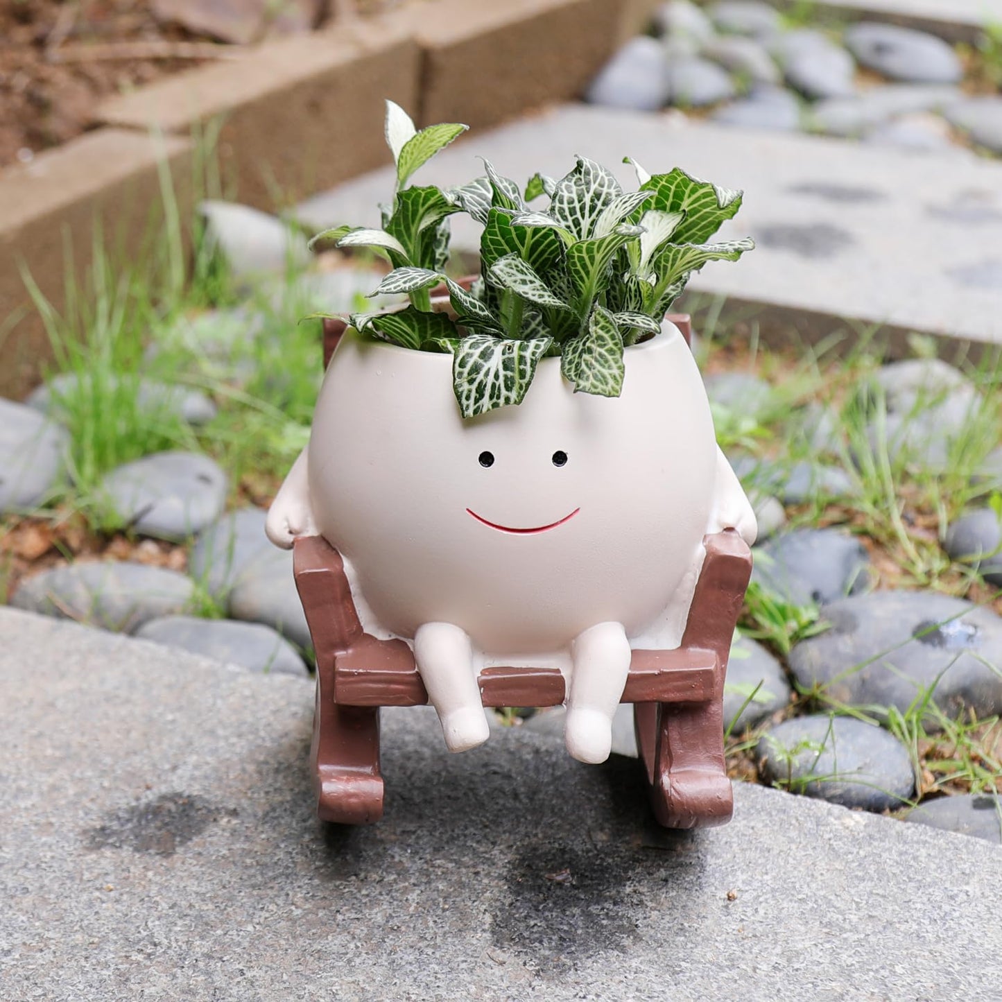 Camotank Smiley Face Rocking Chair Planters Flower Pots for Plants Funny Succulents Plant Live Cute Resin Head Planter for Indoor Outdoor Plants Gift Ideas for Mother and Christmas (Small)