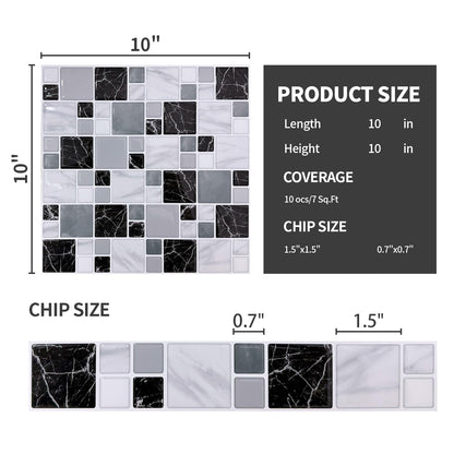 10-Sheet Peel and Stick Backsplash for Kitchen, 10” x 10” Self Adhesive Marble Gray Wall Tile Waterproof Removable Stick on Backsplash for Kitchen Bathroom Fireplace, Grey Marble
