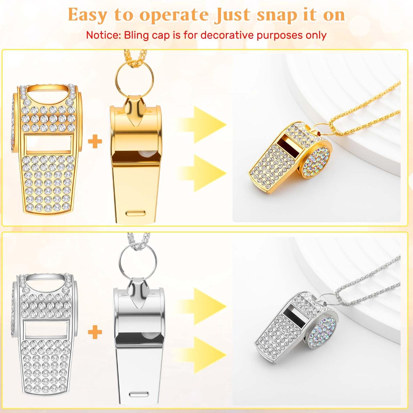 WinnerWhy 2 Pack Whistle Bling Metal Coach Teacher Whistle with Lanyard, Glitter Rhinestone Necklace Coach Accessories for Adult Referee Appreciation Gift Sport Training(Gold)