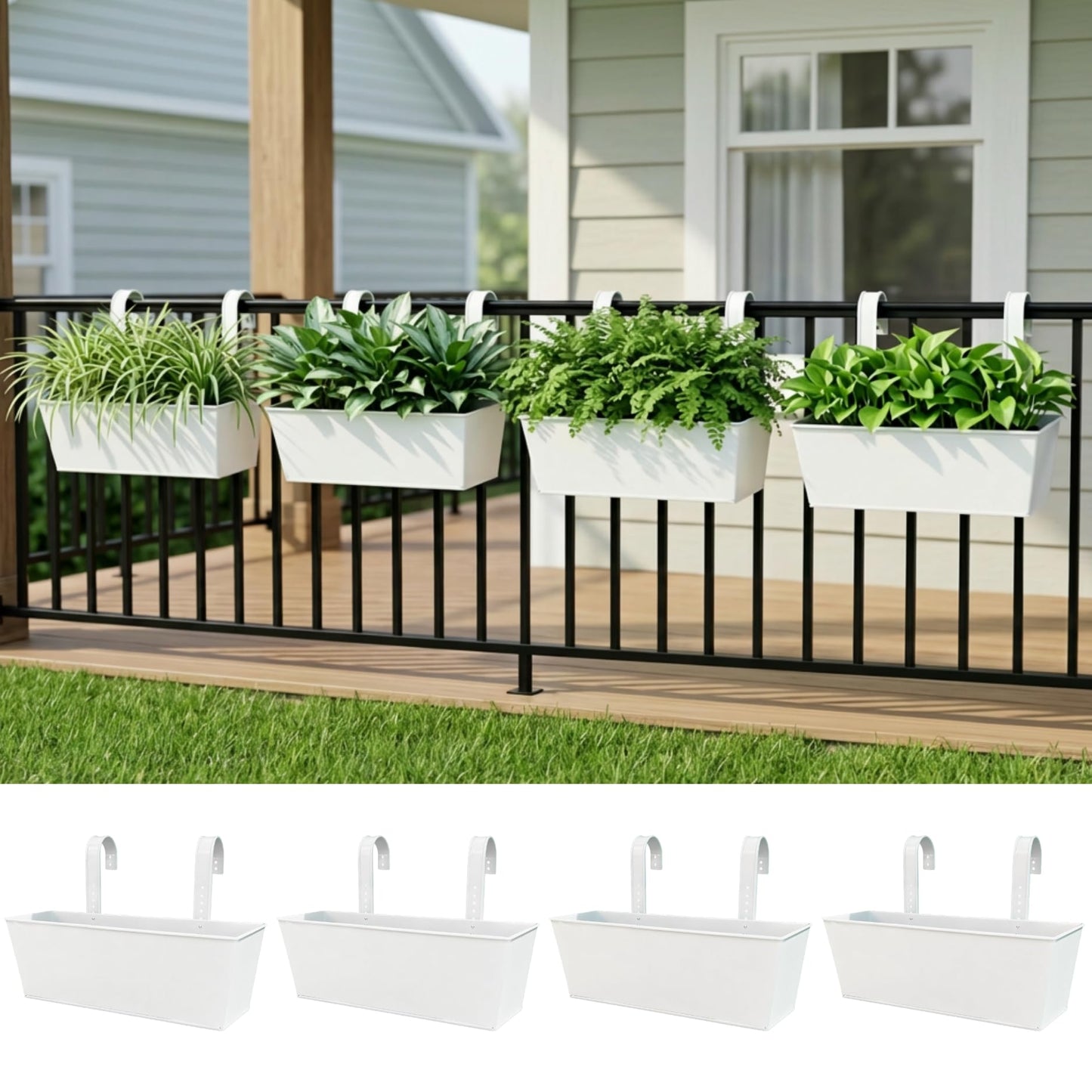 LaLaGreen Rail Planter (16 Inch, 4 Pack) Rectangular Metal Metal Hanging Flower Pots Railing Fence Balcony Gardening for Apartment Patio Planters Garden Style Iron Outdoor Deck Decoration Porch Decor