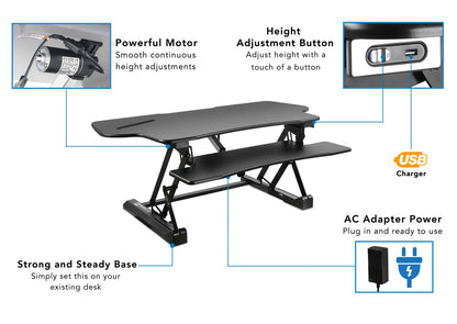 Mount-It! 48.5" Electric Standing Desk Converter for Dual Monitors, Motorized Sit Stand Electric Desk Riser with USB Port & Device Slot, Keyboard Tray, Adjustable Height Ergonomic Workstation, Black