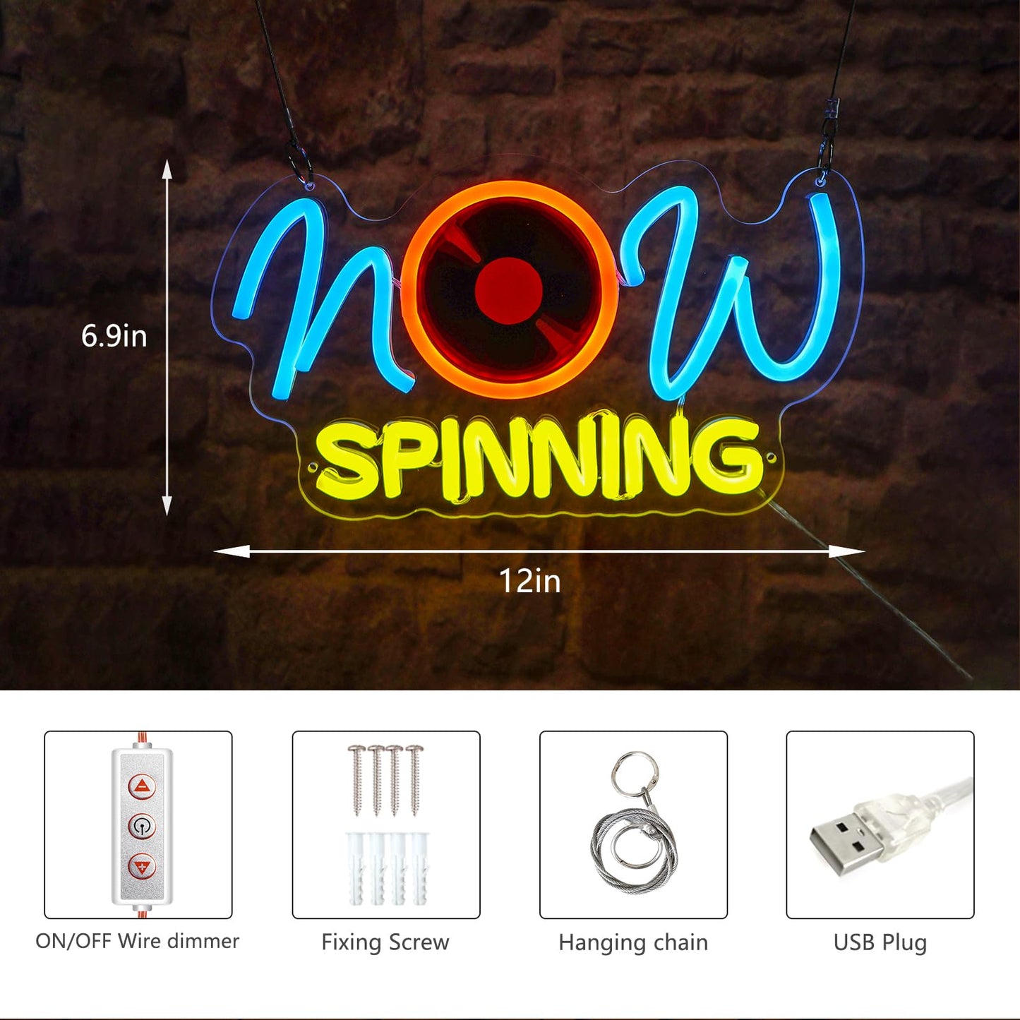 Record Neon Sign,Dimmable Now Spinning Music LED Neon Light for Wall Decor, for Bar Music Room Recording Studio Bedroom Decor