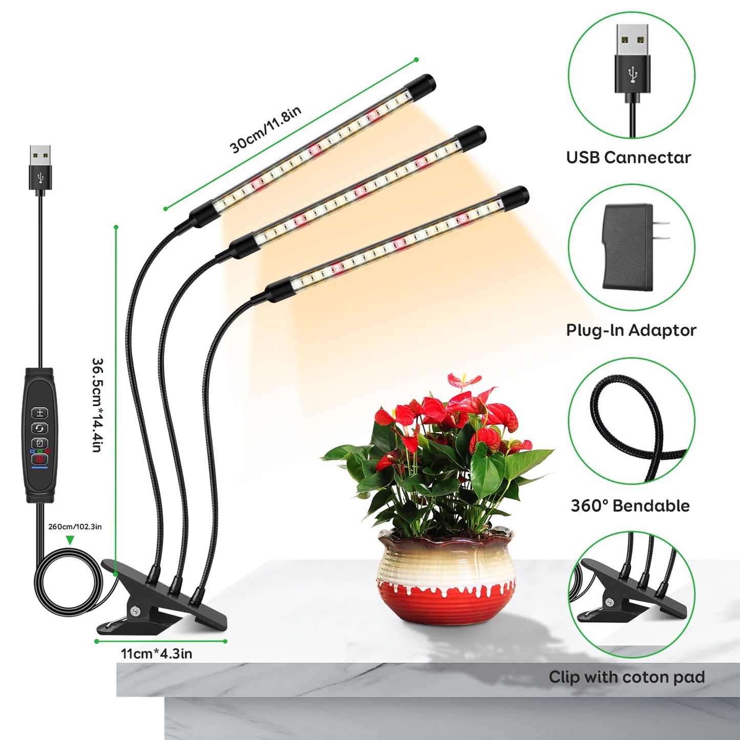 LPMZMBL Full Spectrum LED Grow Light for Indoor Plants, 3Heads Grow Lights for Seed Starting, 10 Dimmable Levels & 3 Timer Modes (3/9/12H), Adjustable 360° Gooseneck with Clip, Plant Grow Light 2 Pack