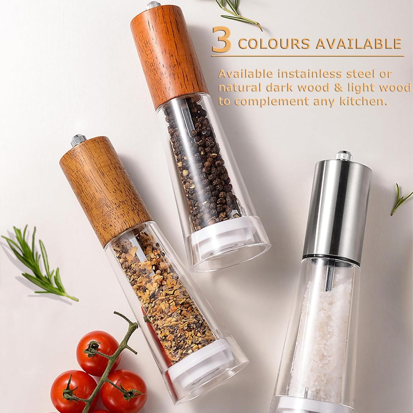 Salt and Pepper Grinder Set, Acrylic Pepper Mill with Adjustable Coarseness Wooden Pepper Grinder, Manual Salt Shake Refillable for Kitchen, Pack of 2 (Stainless Steels)