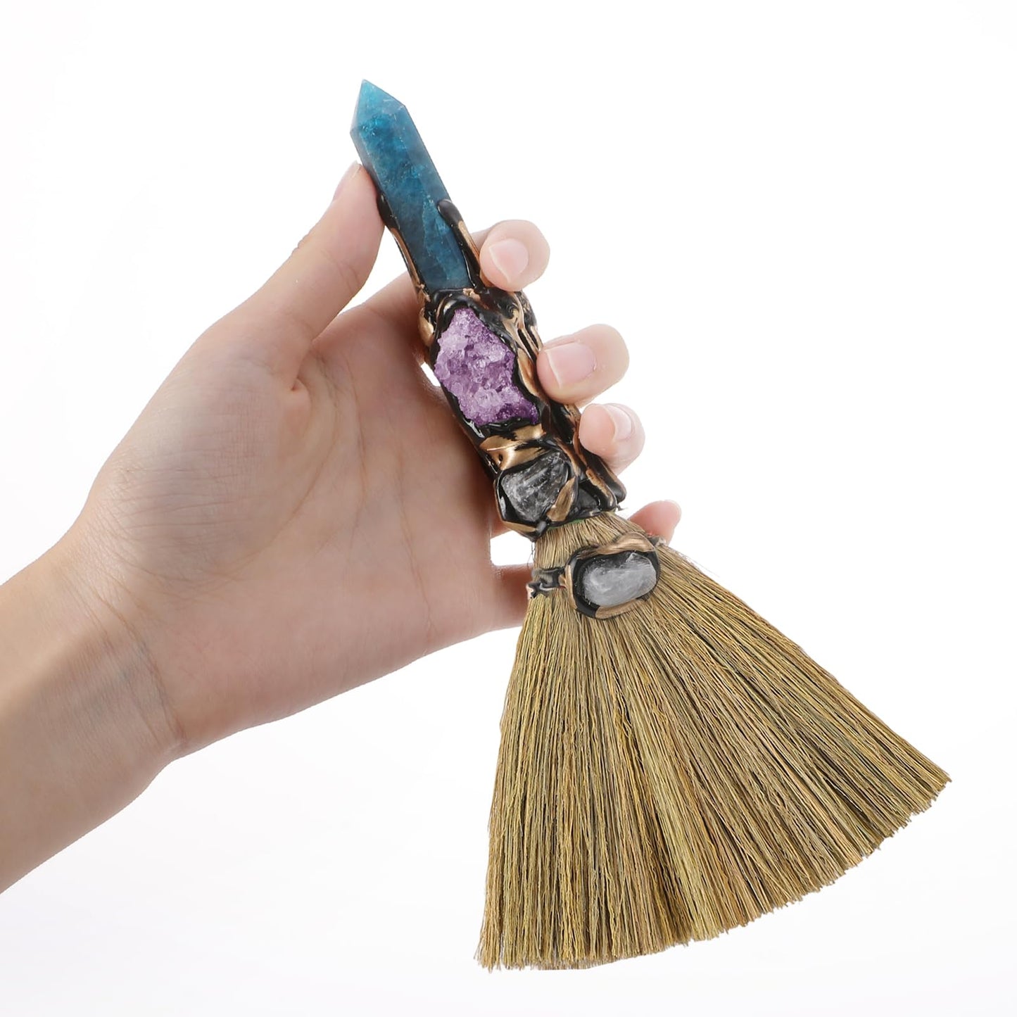 RENEMEGO Crystal Witch Altar Broom - Witchcraft Supplies with Blue Apatite Wiccan Stuff Fairy Magic Broomstick with Natural Healing Crystals Hexagonal Points Pagan Fengshui Reiki Energy Clearing Gift