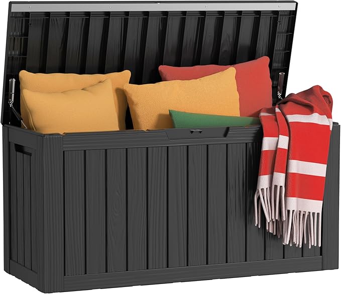 80 Gallon Outdoor Deck Box, Lockable Waterproof Outdoor Storage Boxes For Garden Tools,Indoor Cushions,Accessories Outside Storage Resin Weatherproof Container(Black)