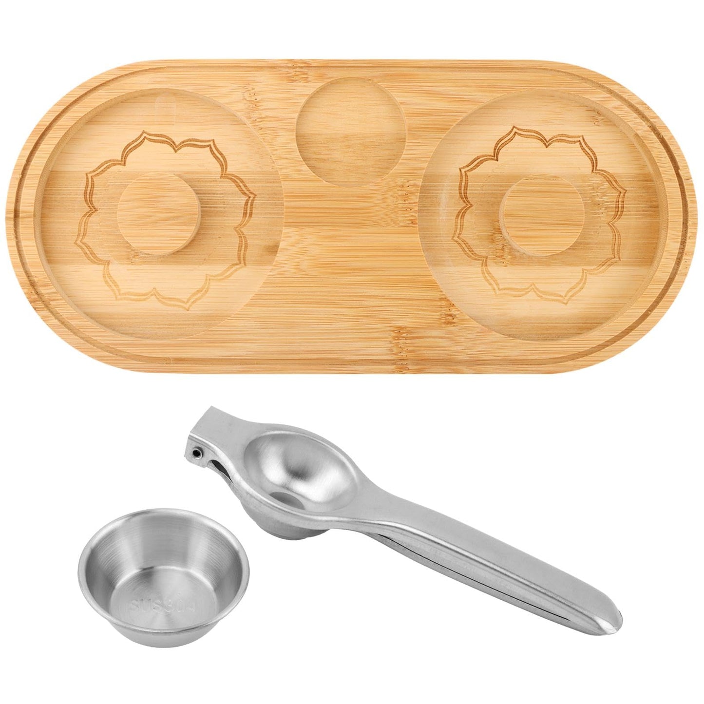 Margarita Salt Rimmer Set, Sugar and Salt Rimmer for Cocktails with Bowl and Lemon Squeezer, Wood Bamboo Salts Rimmers for up to 4.72" Rims, Margarita Kit and Bartender Tool