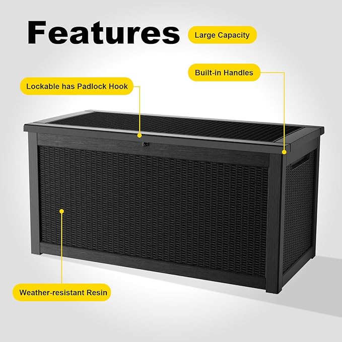 320 Gallon Outdoor Storage Box,Large Waterproof UV Resistant Deck Box,Lockable Storage Container for Patio Furniture Cushions Garden Tools and Pool Accessories(Black)
