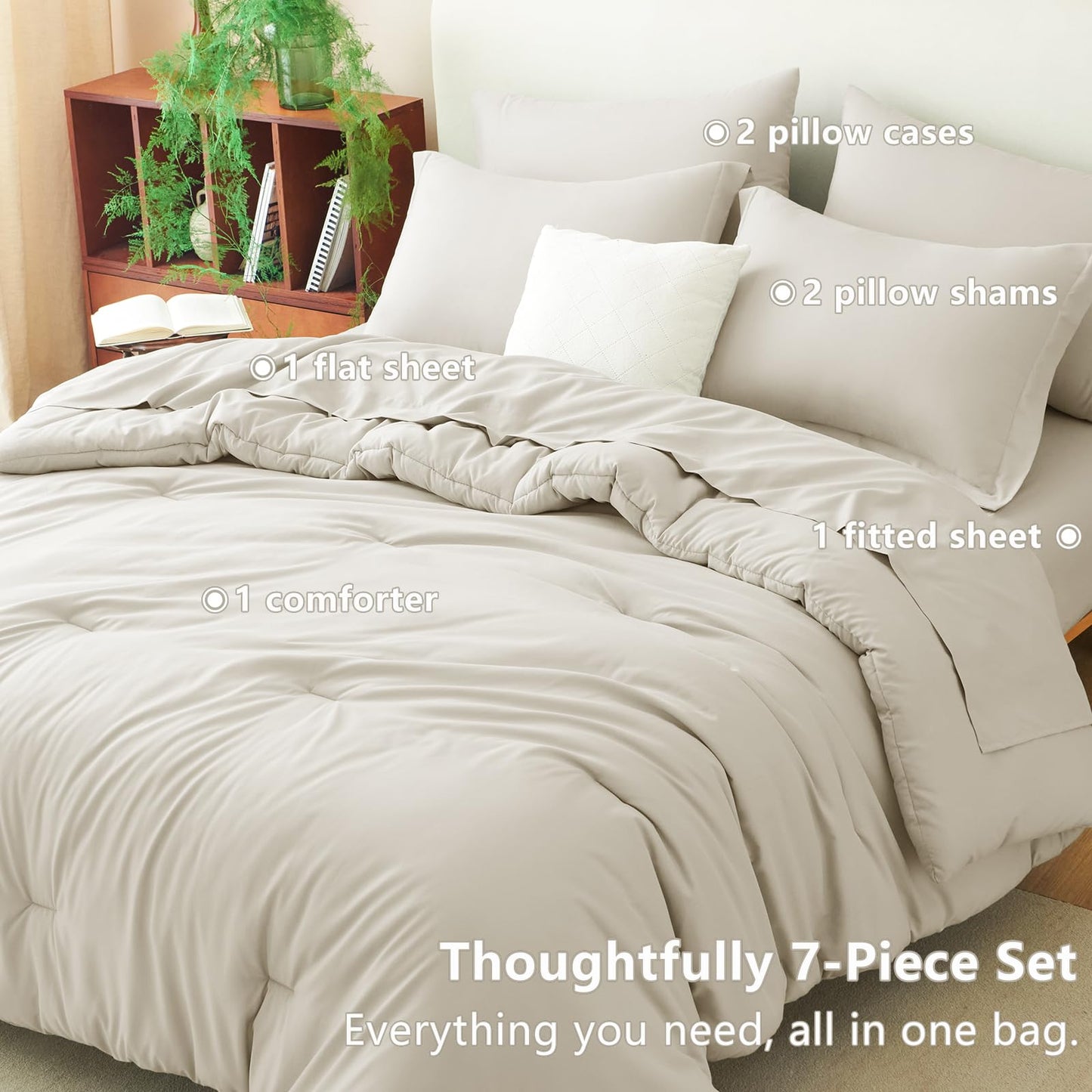 CozyLux King Size Comforter Set Beige, 7 Pieces Bed in a Bag King Comforter Set with Sheets, Luxury Soft Bedding Sets with Down Alternative Comforter, Fitted Sheet, Flat Sheet, Pillowcases & Shams
