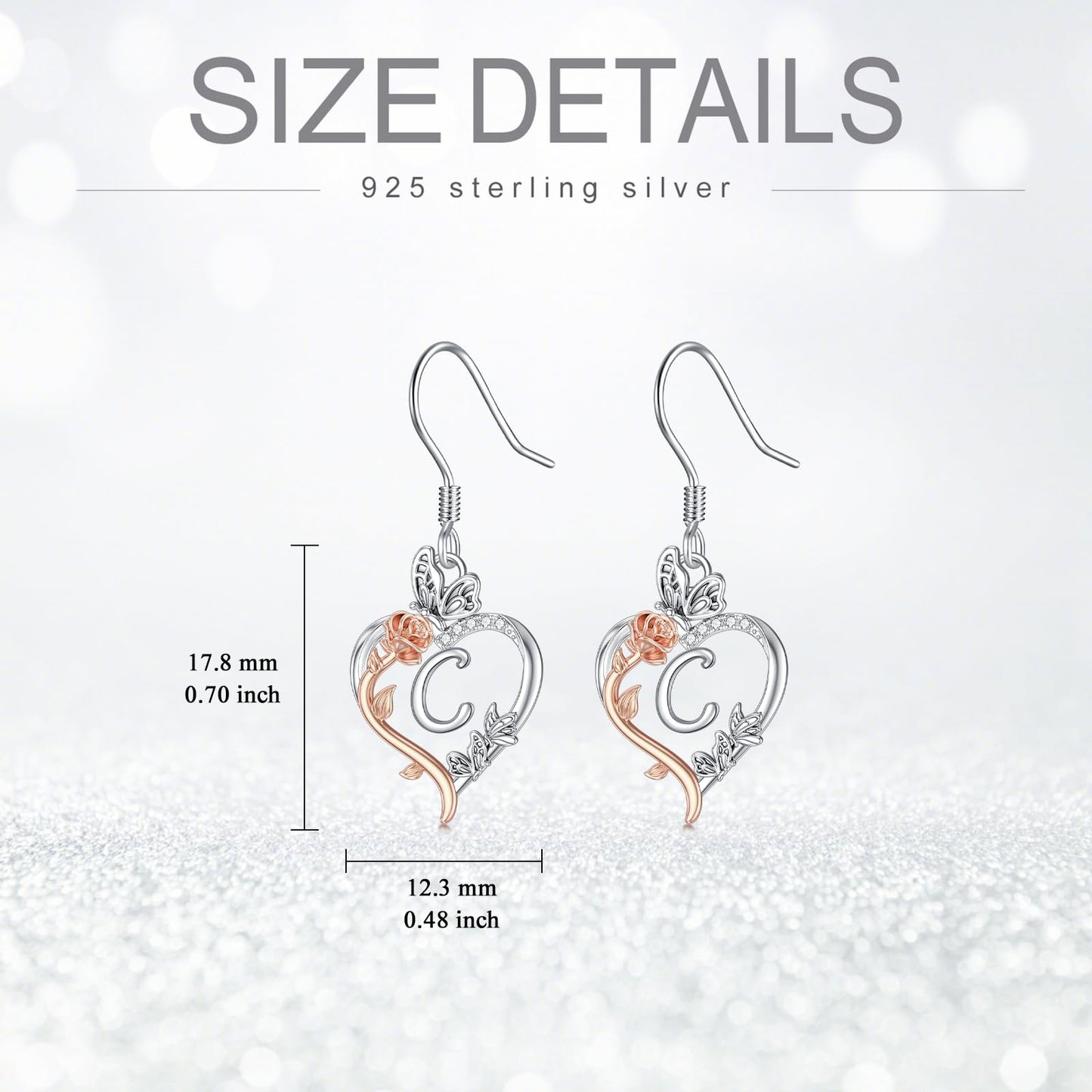 TOUPOP Rose Heart Initial Earrings Sterling Silver Butterfly Earring Initial C Letter Drop Dangle Earrings Jewelry Anniversary Birthday Mothers Day Gifts for Women Mom Wife Girlfriend Her