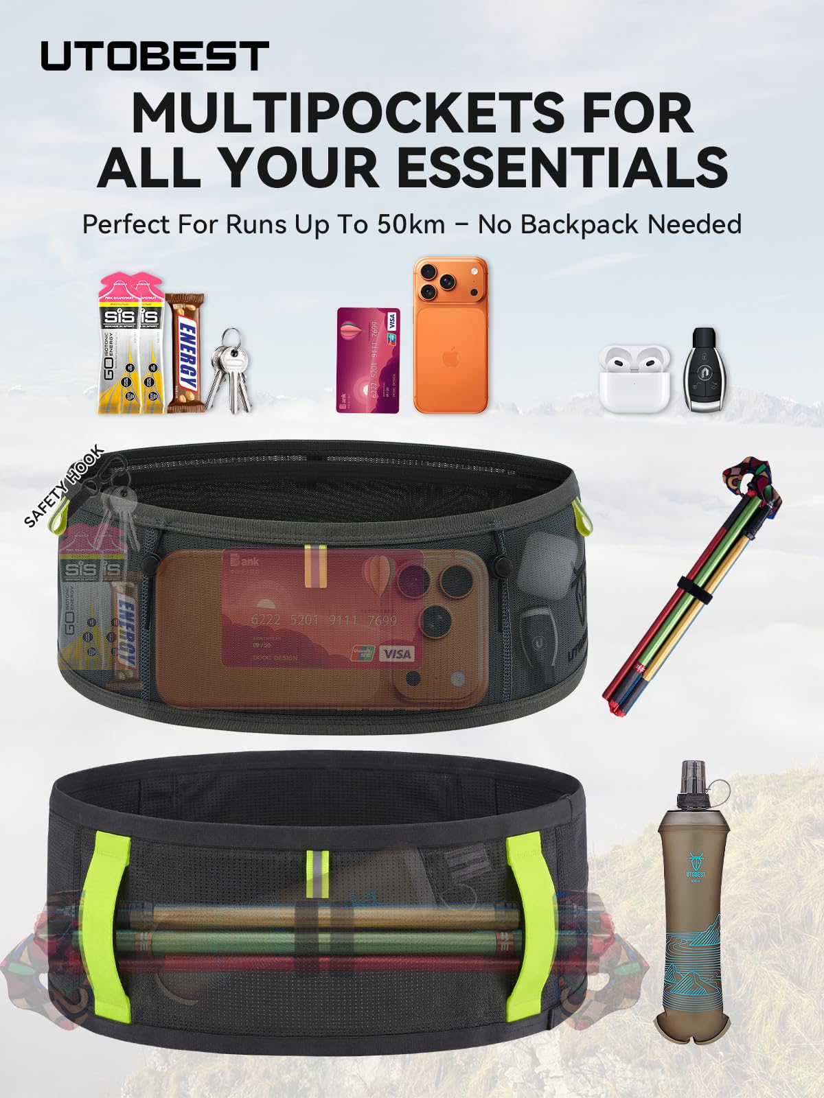 UTOBEST Running Belt for Men & Women, Bounce-Free Running Waist Pack Fits All Phones, 4-Pocket No Zipper Trail Running Belt Fits 500ml Soft Flask, Pole Carry Straps for Race, Trail (B7 Pro-Grey, 2XS)