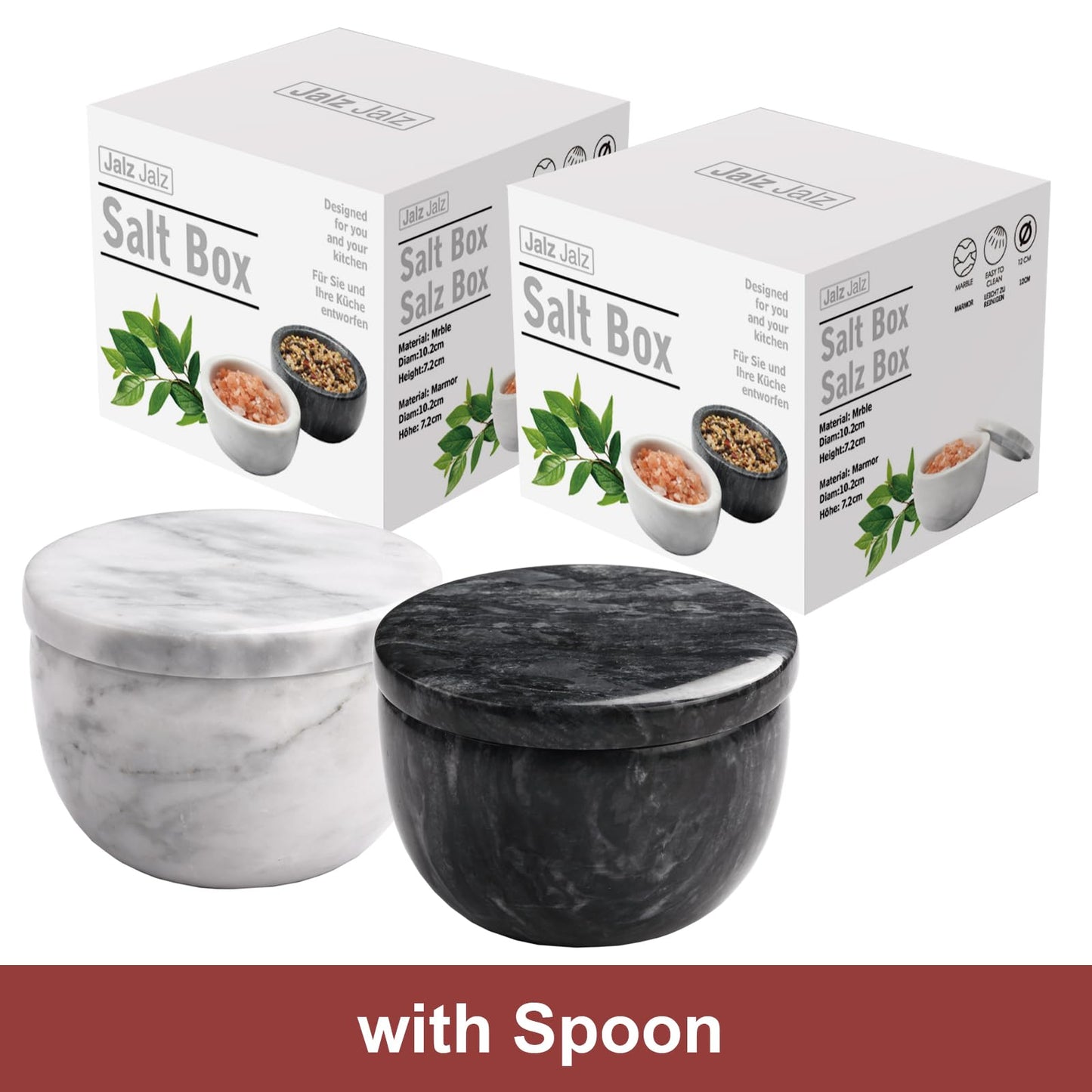 jalz jalz Marble Salt and Pepper Box Set with Spoons and Lid, Salt Cellar Salt Keeper Container, Black and White, Large Capacity 10 Ounce Bowl, 4 inch Diameter, 2.8 inch Height