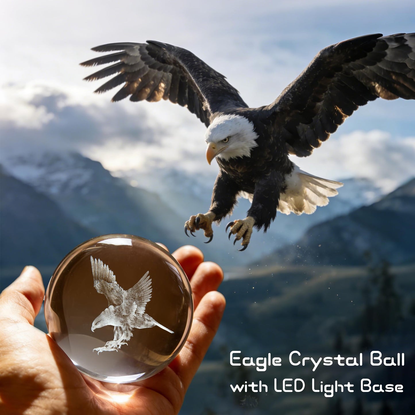 QIANCHANG 3D Eagle Crystal Ball with LED Stand, 80mm Glass Sphere Night Light Lamp, Eagle Statue Gifts for Men Women Kids