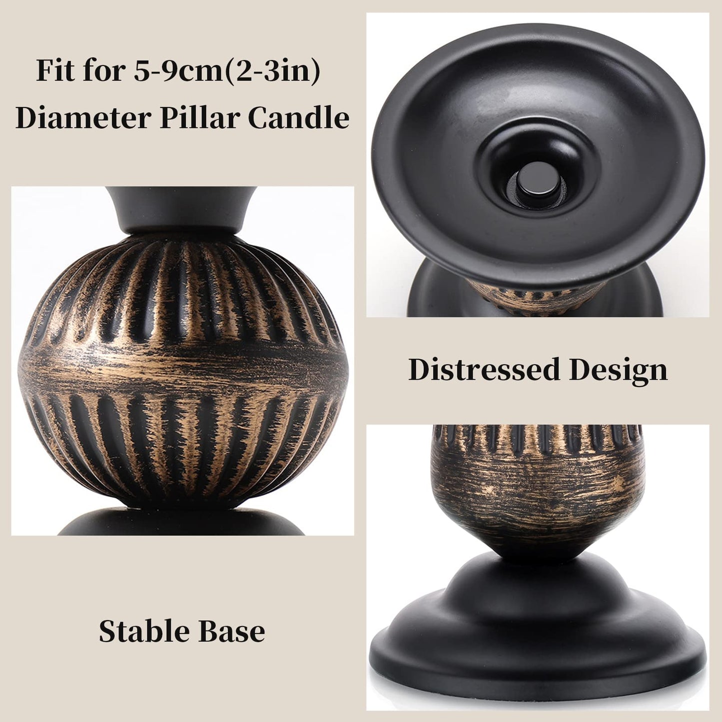Sziqiqi Vintage Pillar Candle Holders Distressed Metal Candleholder Black Candlestick Holders Centerpiece Shabby Chic Ornaments for Coffee Dining Table Mantle Fireplace - Set of 2