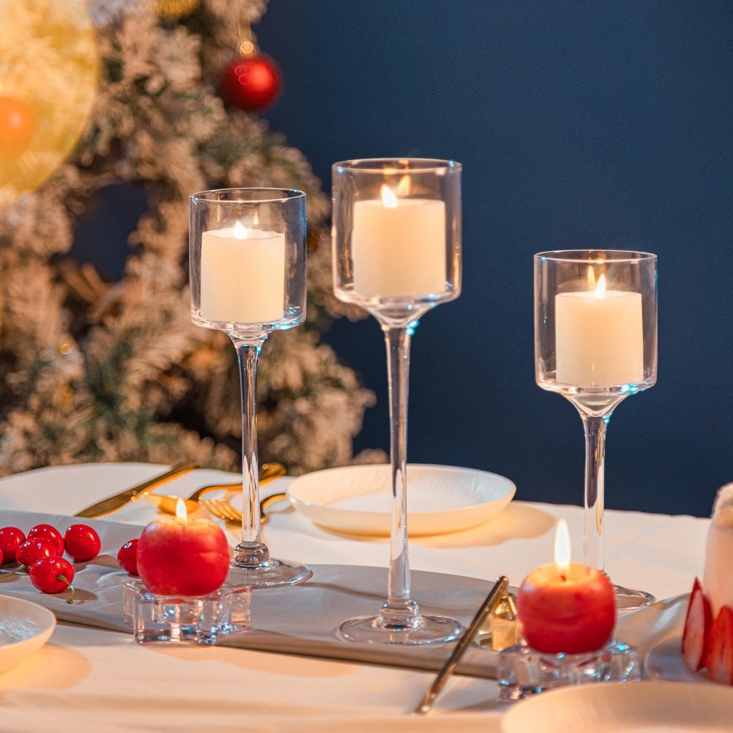 Glass Candleholders Tea Light Candle Holders Clear Wedding Weddings Hurricane Tall Elegant Ideal for Dining Party Home Decor Parties Table Settings Gifts Different Sizes (1 Set Large Clear)