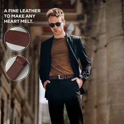Marino’s Men Genuine Leather Dress Belt with Single Prong Buckle - Mahogany - 40