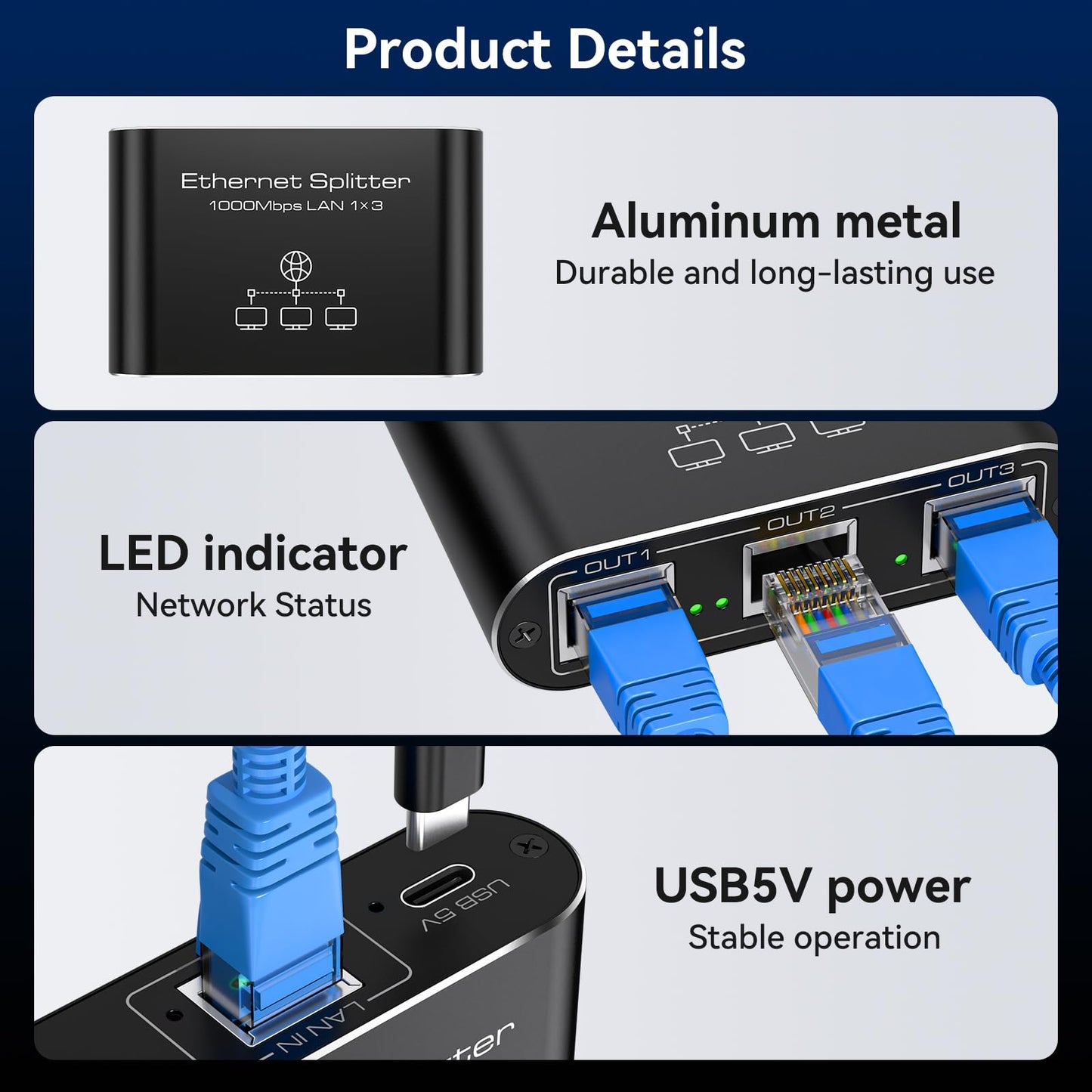 VEDINDUST Ethernet Splitter 1 to 3 1000Mbps High Speed Internet Lan Network Switch With USB C Power Cable for Computers Hubs Routers Set Top Boxes Digital TV