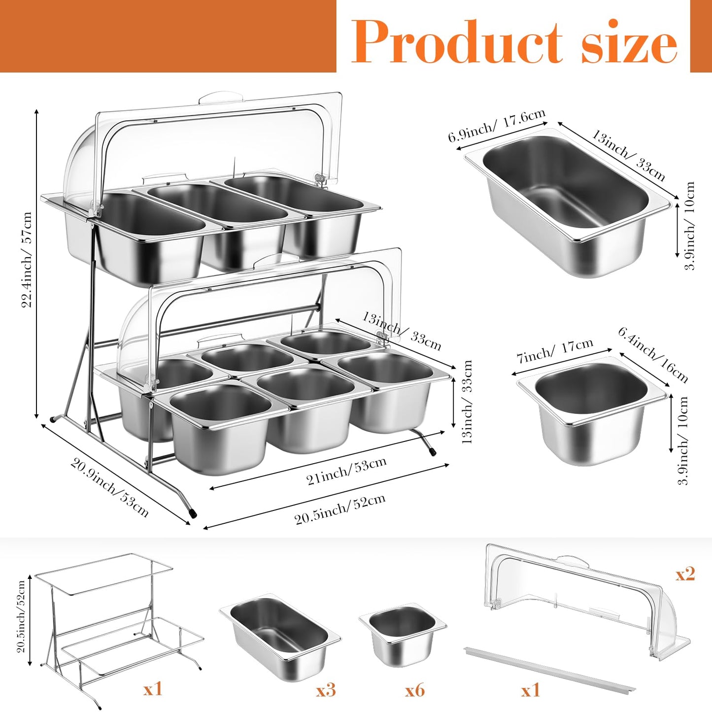 Lallisa 2 Tiered Ice Food Serving Tray Countertop Food Serving Display Container for Buffet Restaurant Party, with Clear Roll Top Cover 6+3 Pan Buffet Condiment Dispenser