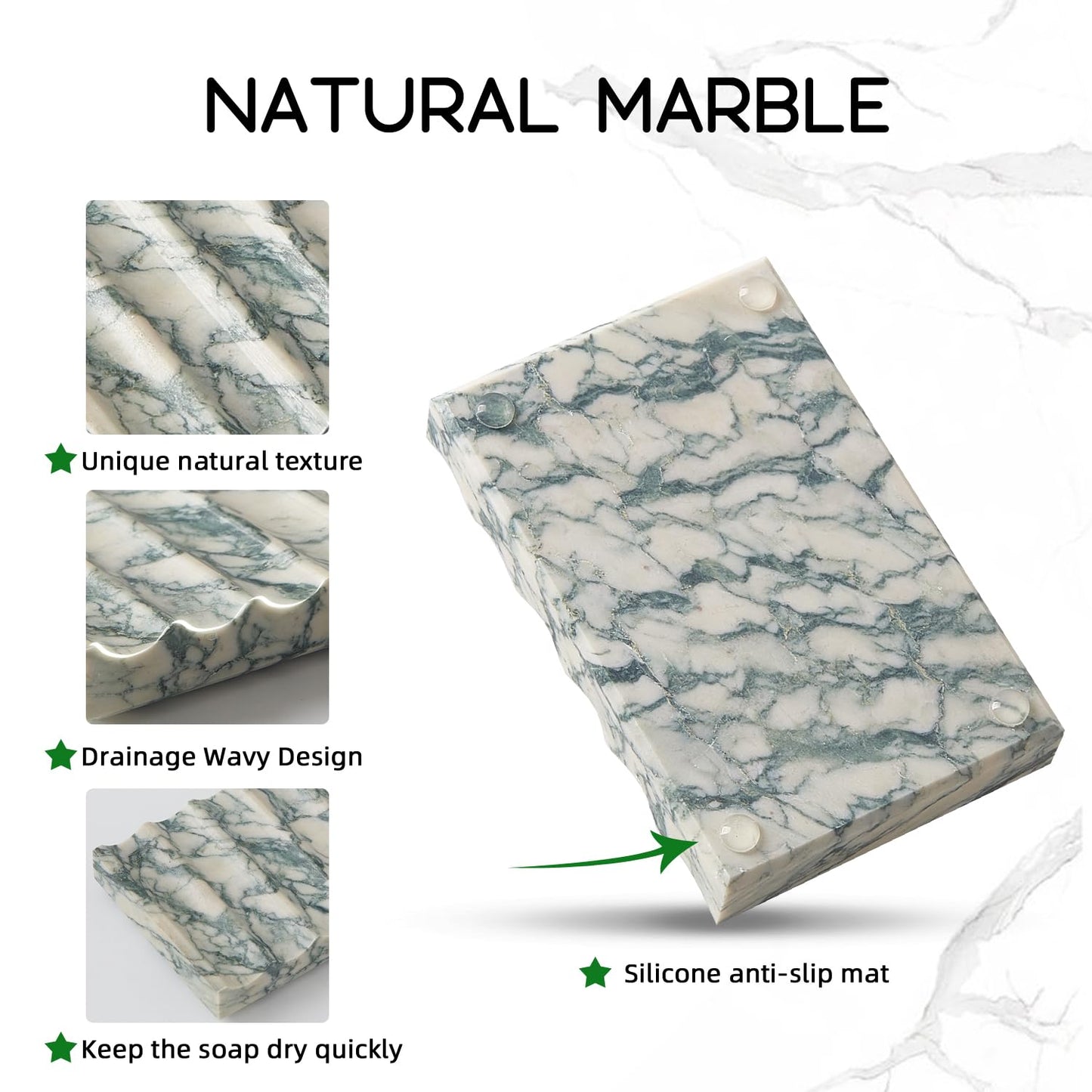 Real Luxurious Natural Marble Soap Dish for Shower,soap Dish for Bathroom,Non-Ceramic/Non-Resin Stone soap Tray（Cyan Green）
