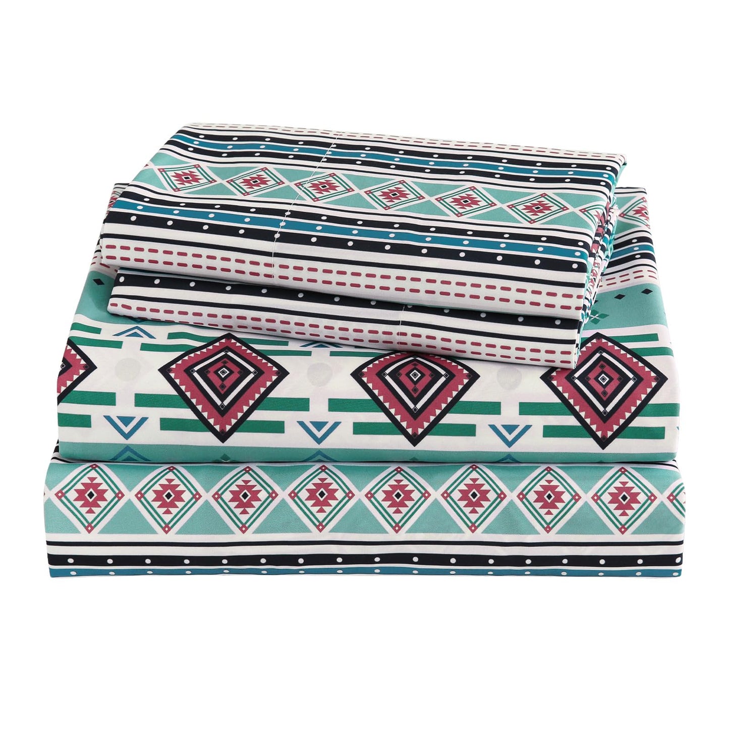 CozySmile 4 Pieces King Sheet Set Bohemian, Boho Sheets Soft Microfiber Deep Pocket, Western Sheets Geometric(King, Mint Coral Striped)