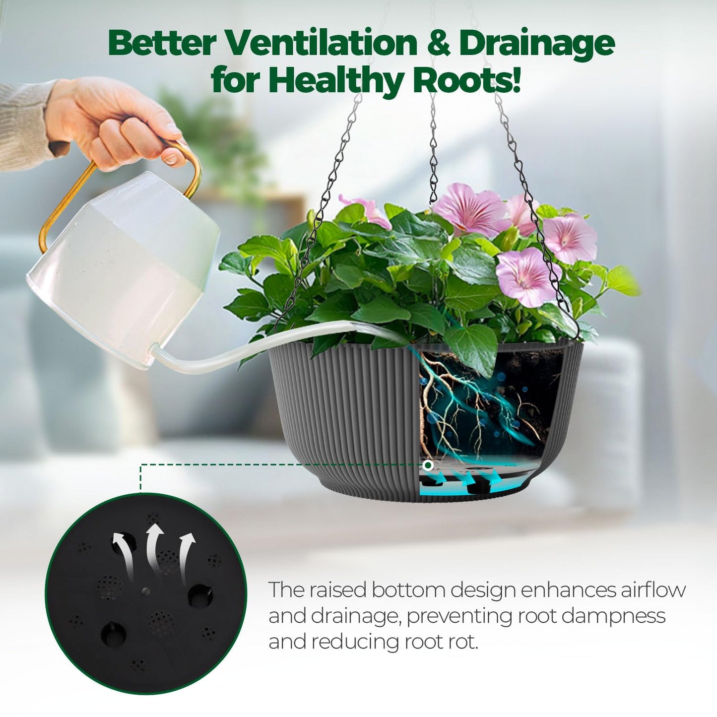 T4U 12 Inch Large Hanging Planters for Outdoor Plants, 2 Pack Self Watering Pots Indoor, Hanging Baskets for Plants,Hanging Flower Pot with Drainage Hole and Plant Hanger, Grey