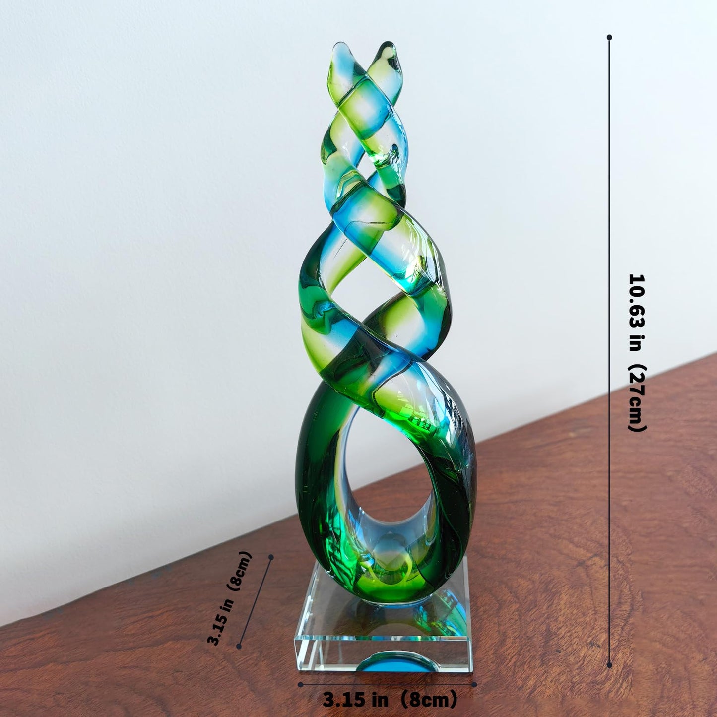 Yao Yuan Hand Blown Murano Glass Sculpture, Green and Blue Twisted Art Decor with Crystal Base, Home Decor, Outside Decor