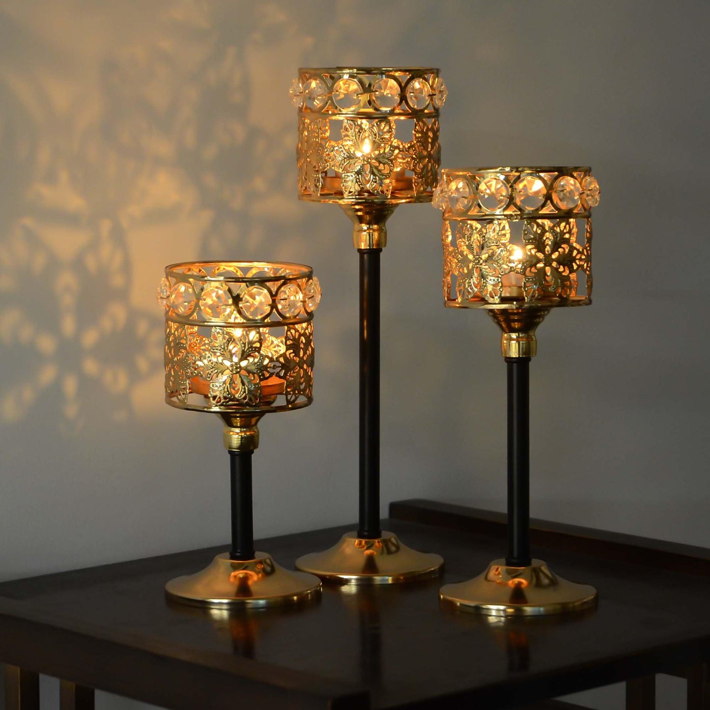 Kehail Set of 12 Floral-Carved Crystal & Metal Tealight Candelabras Bulk- Elegant Gold & Black Wedding Centerpiece, Dining Table Decor, Votive Candle Holders
