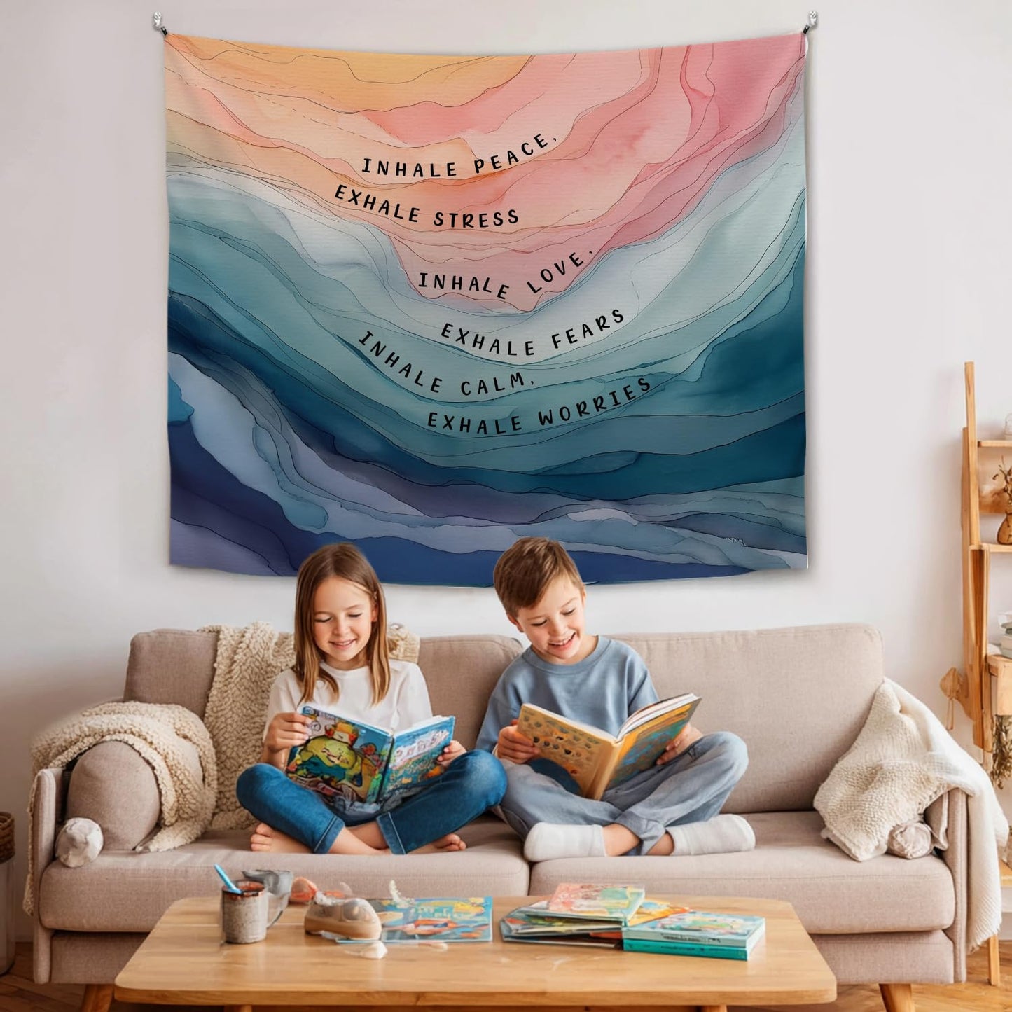 Forola Inhale Exhale Tapestry, Mental Health Wall Hanging Decor, Inhale Exhale Psychology and Mindfulness Tapestry Backdrop for Bedroom, Home School, Dorm, Yoga Studio and Therapy Office (Blue-Peace)