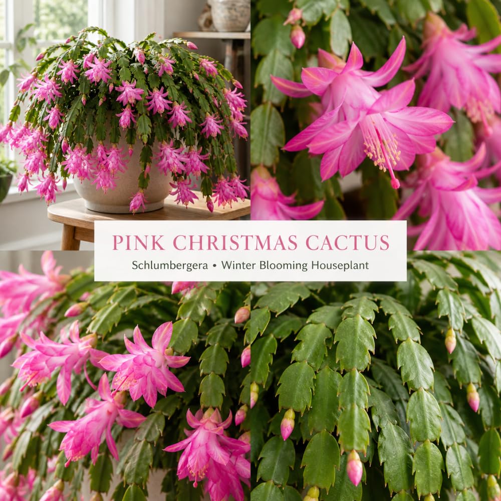 2 Pink Christmas Cactus Live Plant, 5-6 Inch Tall, Easy to Care Indoor Winter Houseplant for Office Desk and Patio Decor, Vigorous Live Holiday Plant