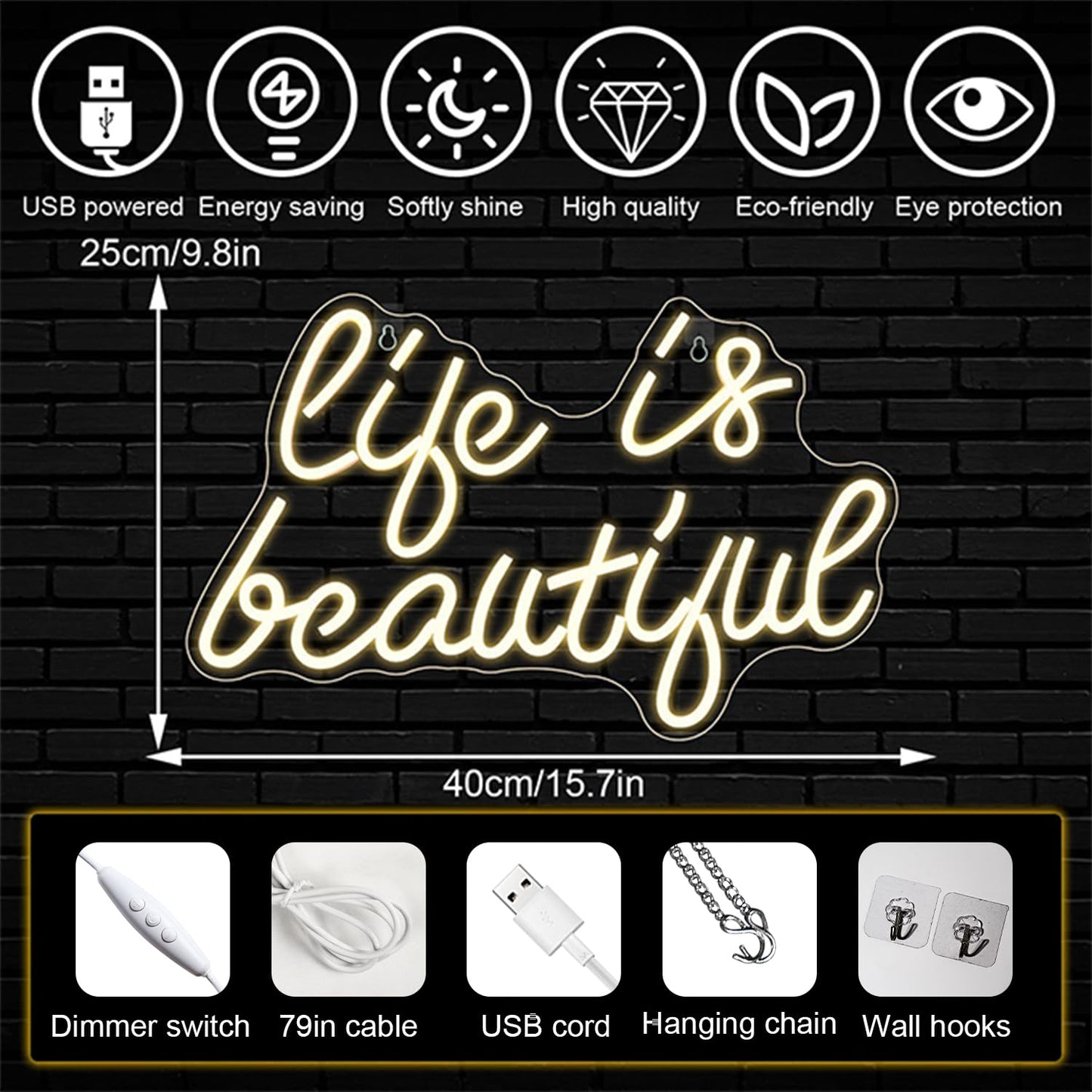 Horseneon Life is Beautiful Neon Signs for Wall Decor, Letter Neon Lights for Bedroom, Led Sign with USB Powered for Livingroom, Wall Hanging Decor, Windows (Warm White)