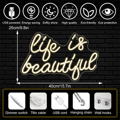 Horseneon Life is Beautiful Neon Signs for Wall Decor, Letter Neon Lights for Bedroom, Led Sign with USB Powered for Livingroom, Wall Hanging Decor, Windows (Warm White)