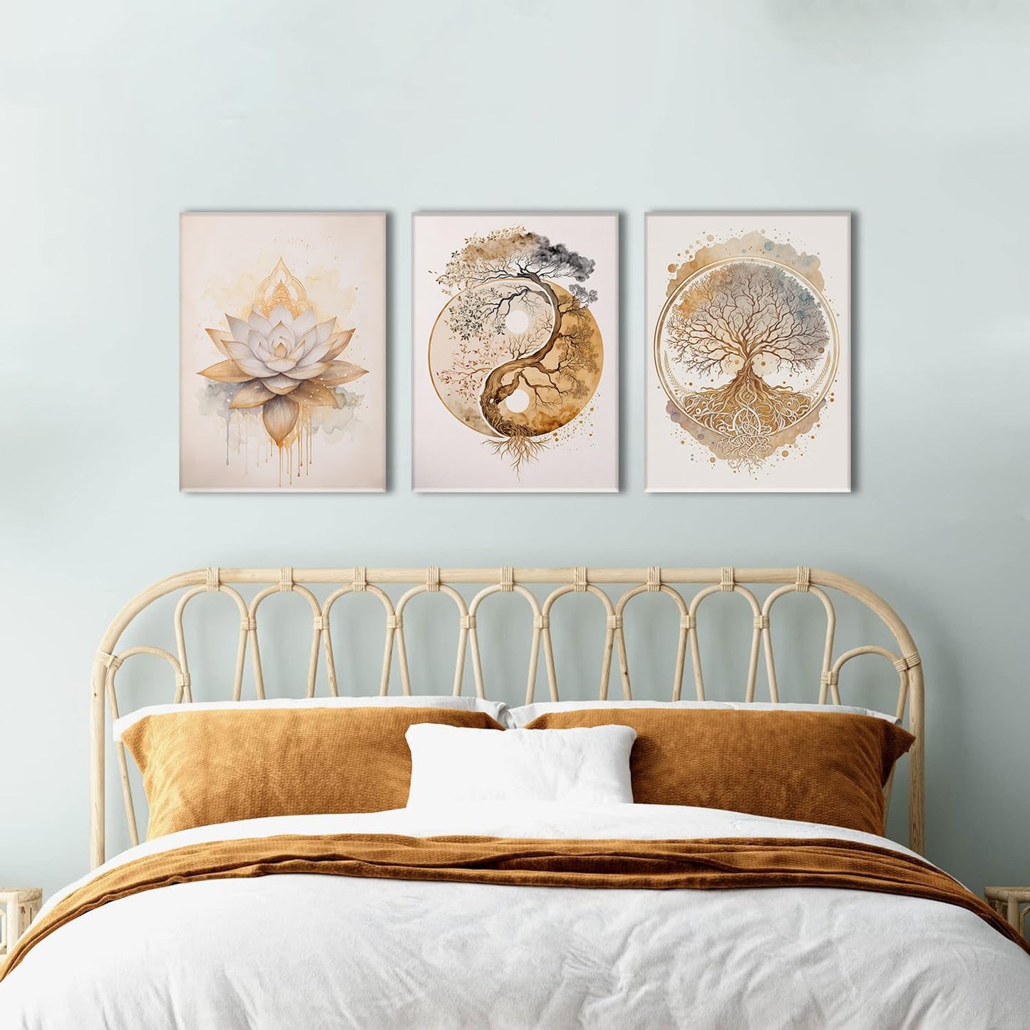 AOYUSMO 3 Piece 3 Piece Tree of Life Wall Art Zen Wall Decor Yoga Room Canvas Art Modern Gold Lotus Flower Pictures Spiritual Meditation Paintings Spa Artwork For Living Room Bathroom