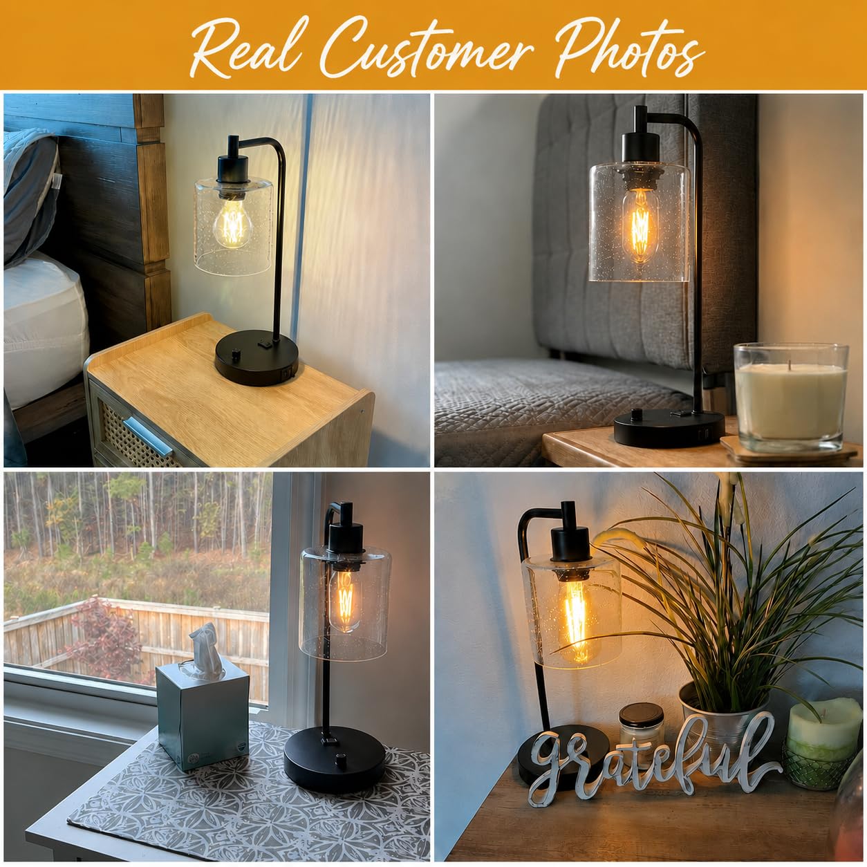 Set of 2 Industrial Table Lamps with USB C+A Ports and Outlet, Fully Stepless Dimmable Bedside Lamps for Bedrooms, Nightstand Lamp with Seed Glass Shade for Reading Living Room Office (Bulbs Included)