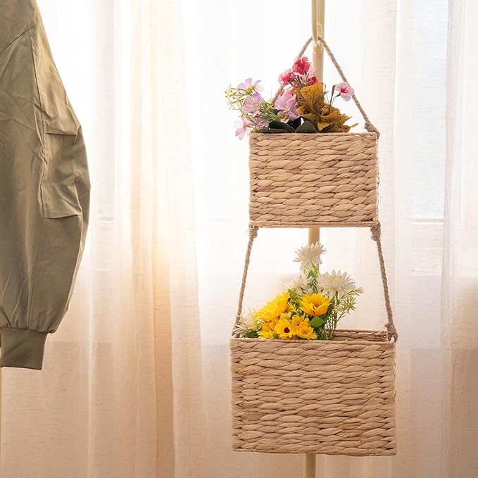 YAHUAN Water Hyacinth Hanging Basket 2-Tiered Woven Wicker Wall Basket Organizer