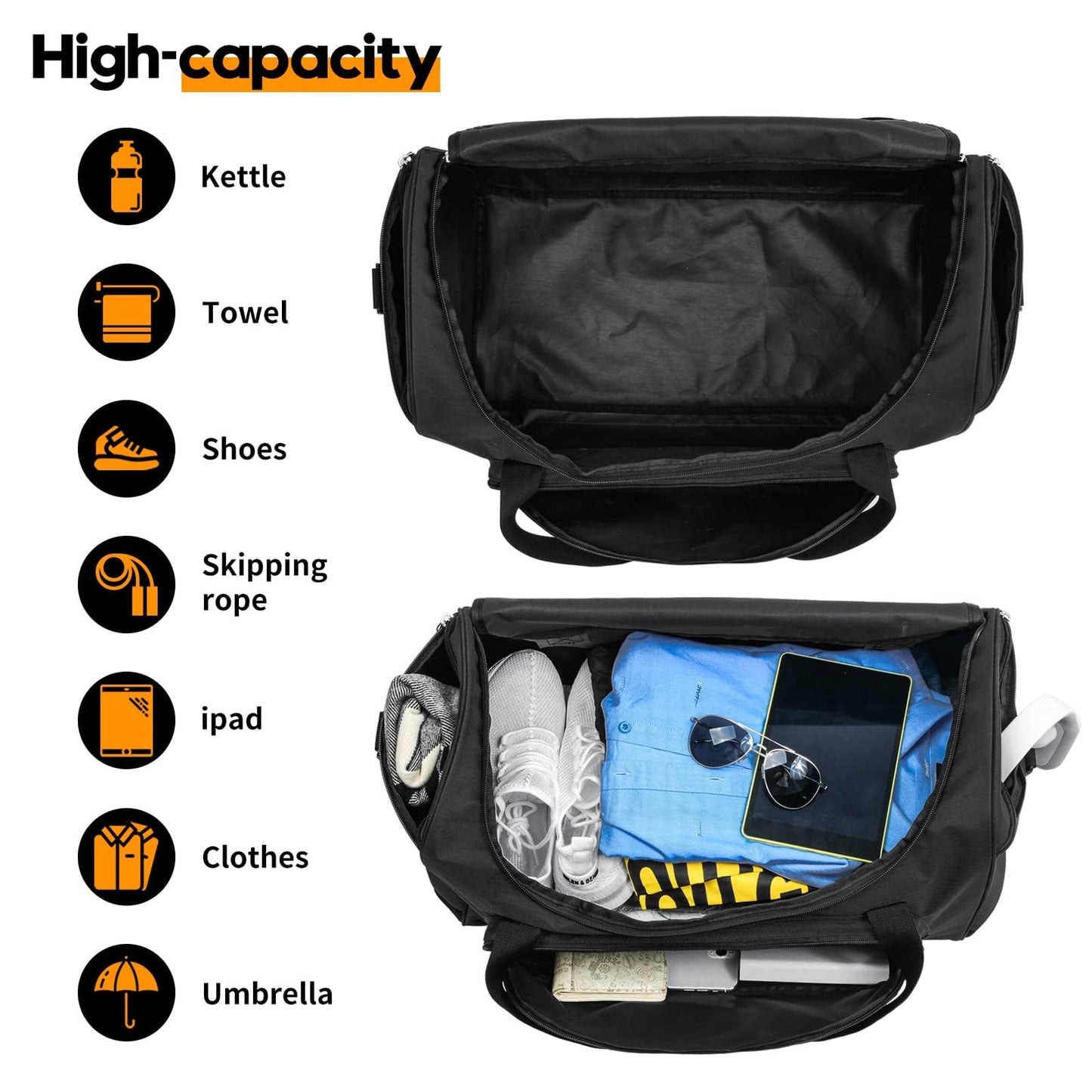Uarition Gym Bag for Men - 50L Black Durable Large Duffle Bag for Travel, Workout, Fitness & Sport