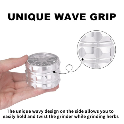 TIRIRS 2.5" 4 Pieces Clear Top Herb Grinder - Aluminium Spice Grinder with Pollen Scraper and Cleaning Brush - Silver.