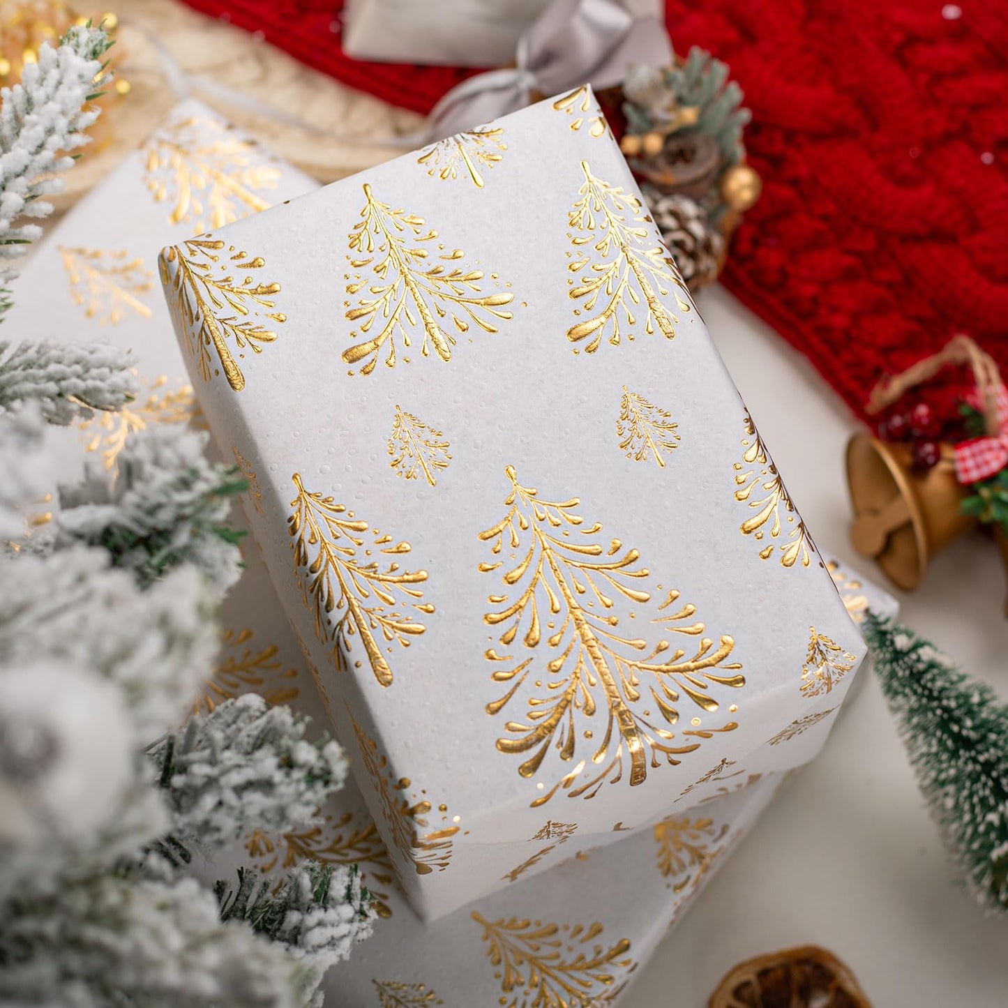 Flyhill Kraft Christmas Wrapping Paper,White Gold 3D Embossed Foil Christmas Tree with Woodlands Wrap Paper for Holiday, Party,Celebration, New Year (17 Inch X 32.8 Feet)