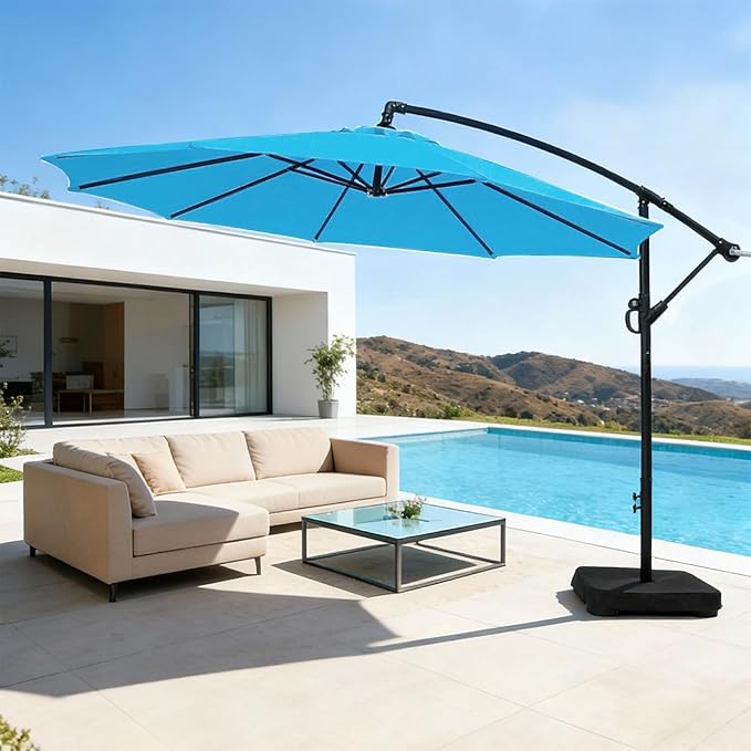 wikiwiki 10ft Patio Umbrella with Base Included, Outdoor Offset Cantilever Umbrella with Sandbag Base for Backyard, Garden and Pool, Easy to Tilt and Crank, Sky Blue