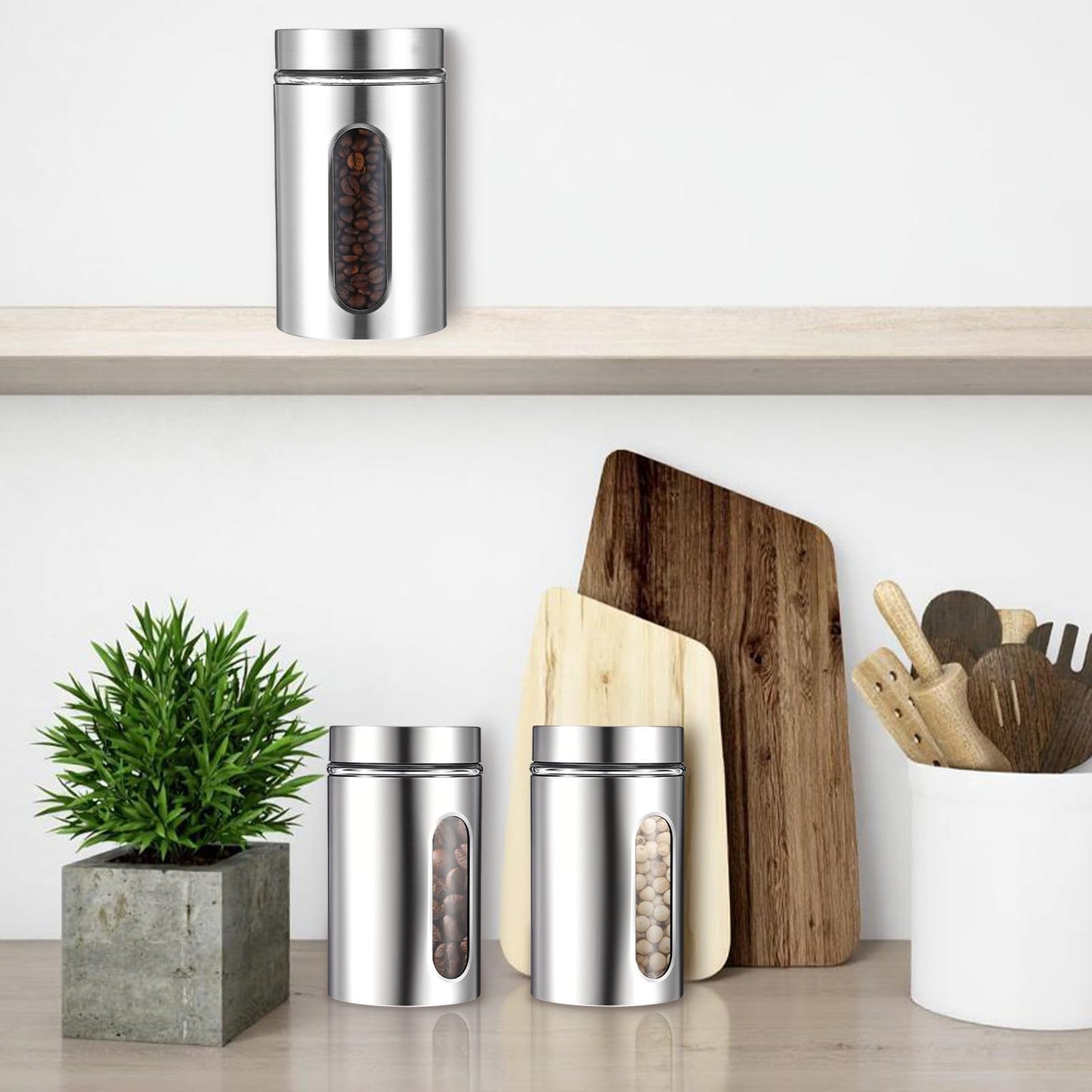 3 Pack Large Kitchen Canisters Set Airtight Coffee Sugar Tea Candy Storage Jars with Window Glass Stainless Steel Containers with Lids for Flour Cookies Spices Grains Kitchen Decorations(32oz)