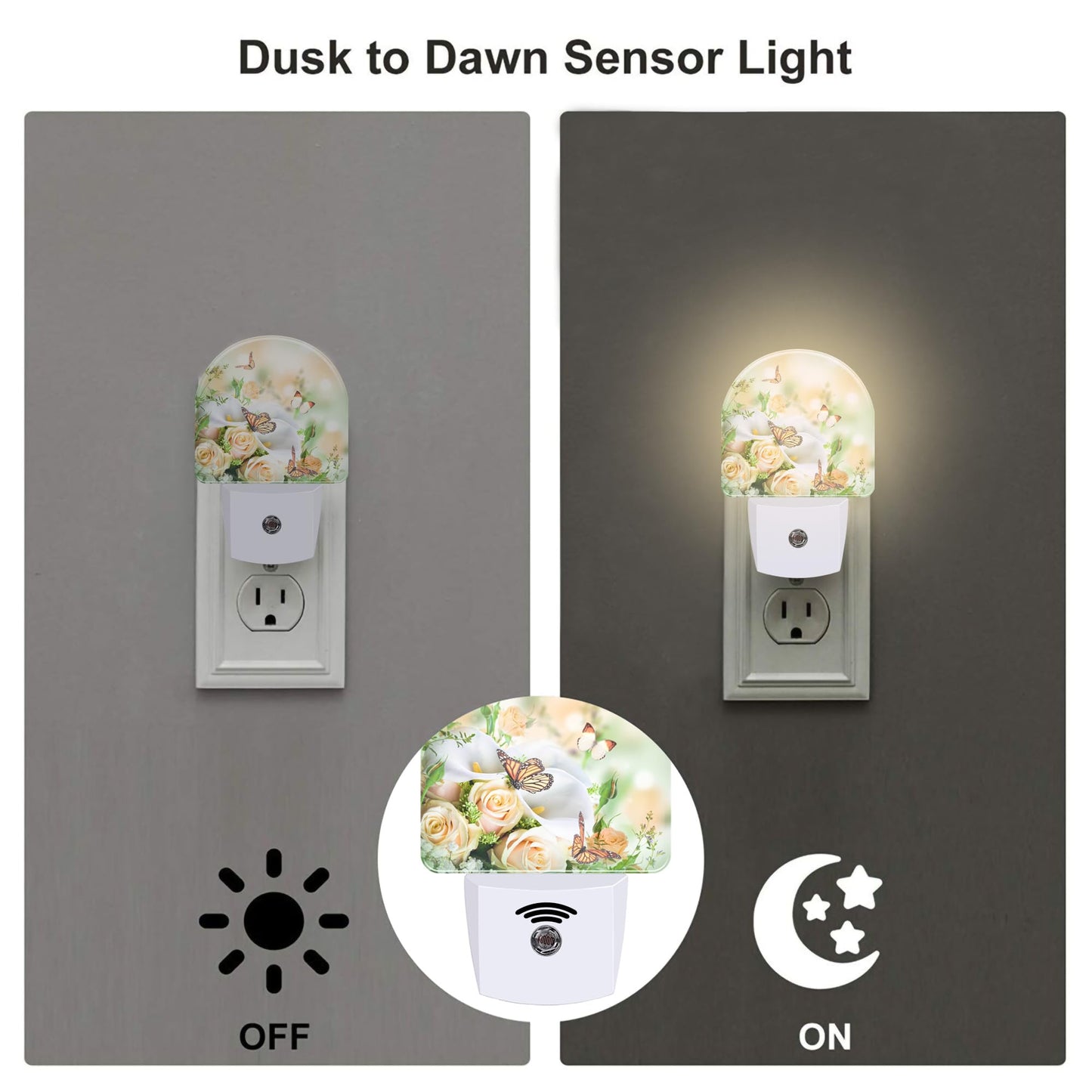 Yellow Rose Flowers Butterfly Night Light Plug into Wall, Spring Floral Butterflies Dusk to Dawn Night Light Plug in,0.5w Energy Saving Sleep Friendly NightLight for Kids Boys Girls Home Decor