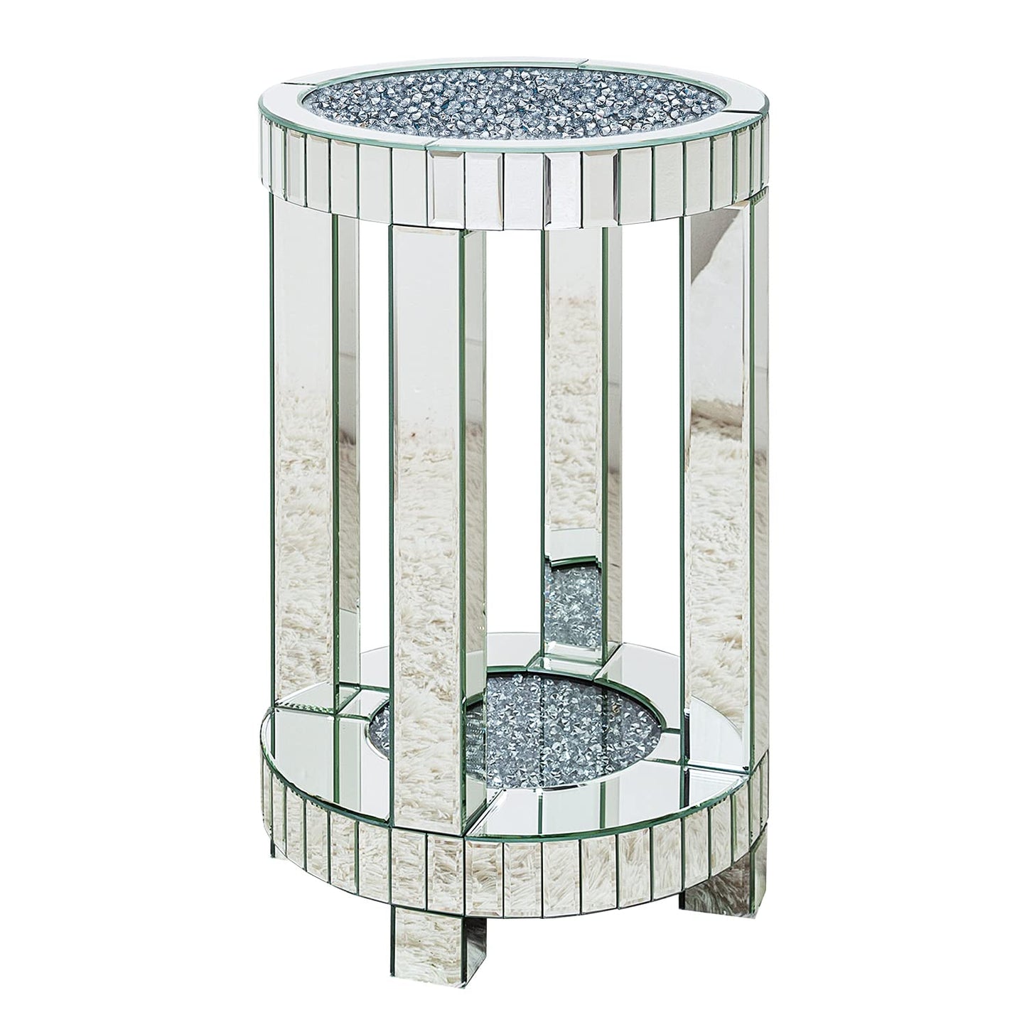 SHYFOY Mirrored Round End Table with Crystals Inlay, 2-Tier Modern Glass Small Sofa Table with Storage, Silver Accent Table for Living Room, Bedroom and Small Spaces