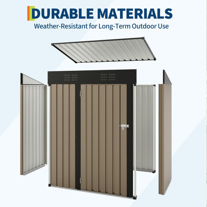 5x3Ft Outdoor Storage Shed, Metal Tool Shed with Lockable Door & Sloped Roof, Weatherproof, Compact Garden Storage Shed for Backyard, Patio, Lawn, or Tools & Equipment, Brown