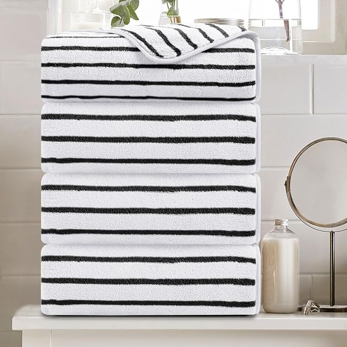 4 Pcs Black White Cabana Stripe Large Bath Towels 35"x70" Oversized Bath Sheet