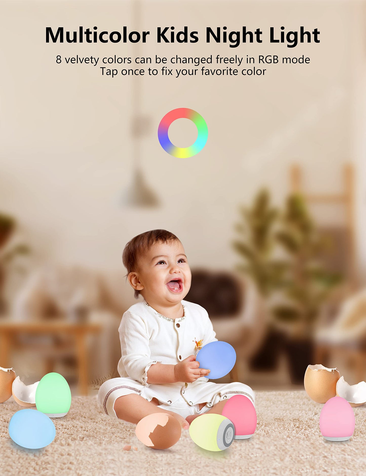 MediAcous Night Lights, 2000mAh Baby Night Light with 7 Colors Changing & Dimming Function, Rechargeable Kids Night Light with 1 Hour Timer & Touch Control for Bedroom, Living Room