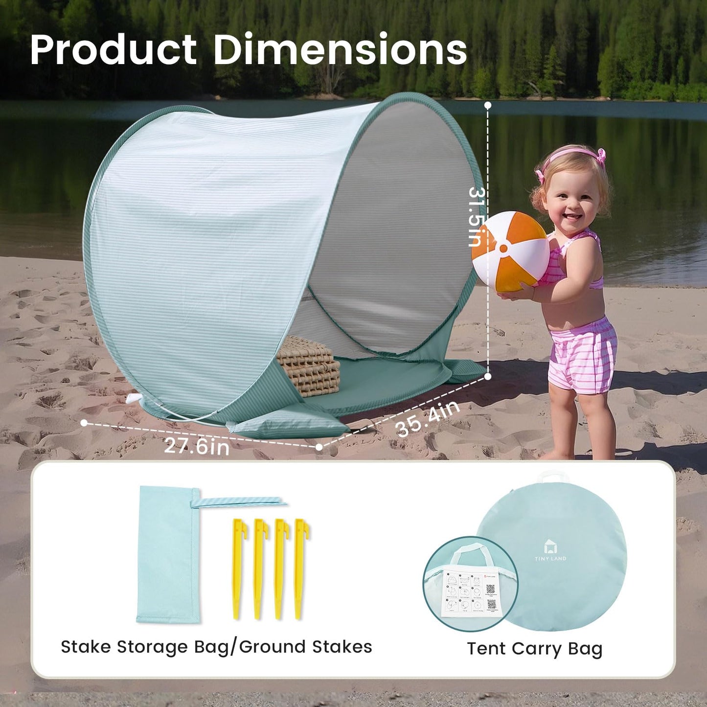 Tiny Land Baby Beach Tent – Pop Up Baby Tent with UV Protection, Portable Baby Beach Essentials, 35"x28"x32" Sun Shelter for Infants, Baby Outdoor Use (Green)