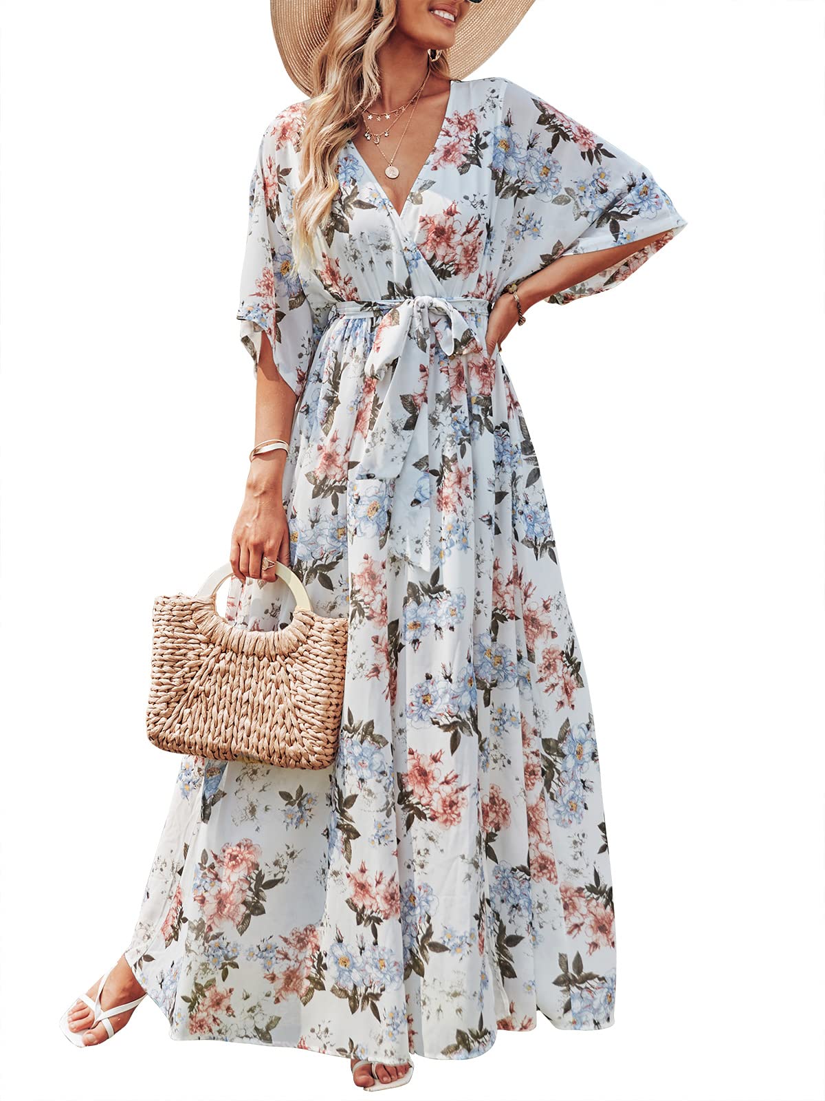 ANRABESS Womens 1/2 Sleeve Beach Wedding Guest Maxi Dresses 2025 Fall Wrap V Neck Boho Floral Flowy Slit Long Summer Dresses