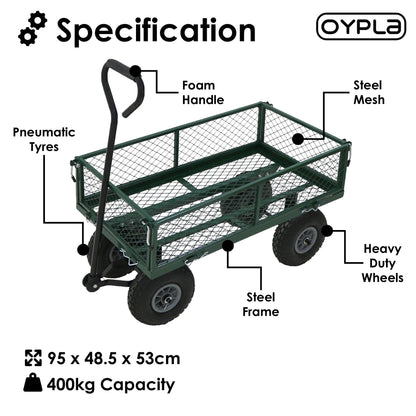 Oypla Heavy Duty Metal Gardening Trolley - Green Trailer Cart