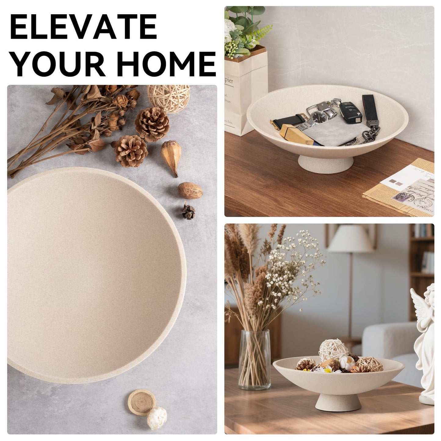 Modern Decorative Fruit Bowl, Beige Resin Artificial Stone Pedestal Bowl, Handicraft Table Centerpiece for Entryway, Coffee Table, Kitchen & Home Decor