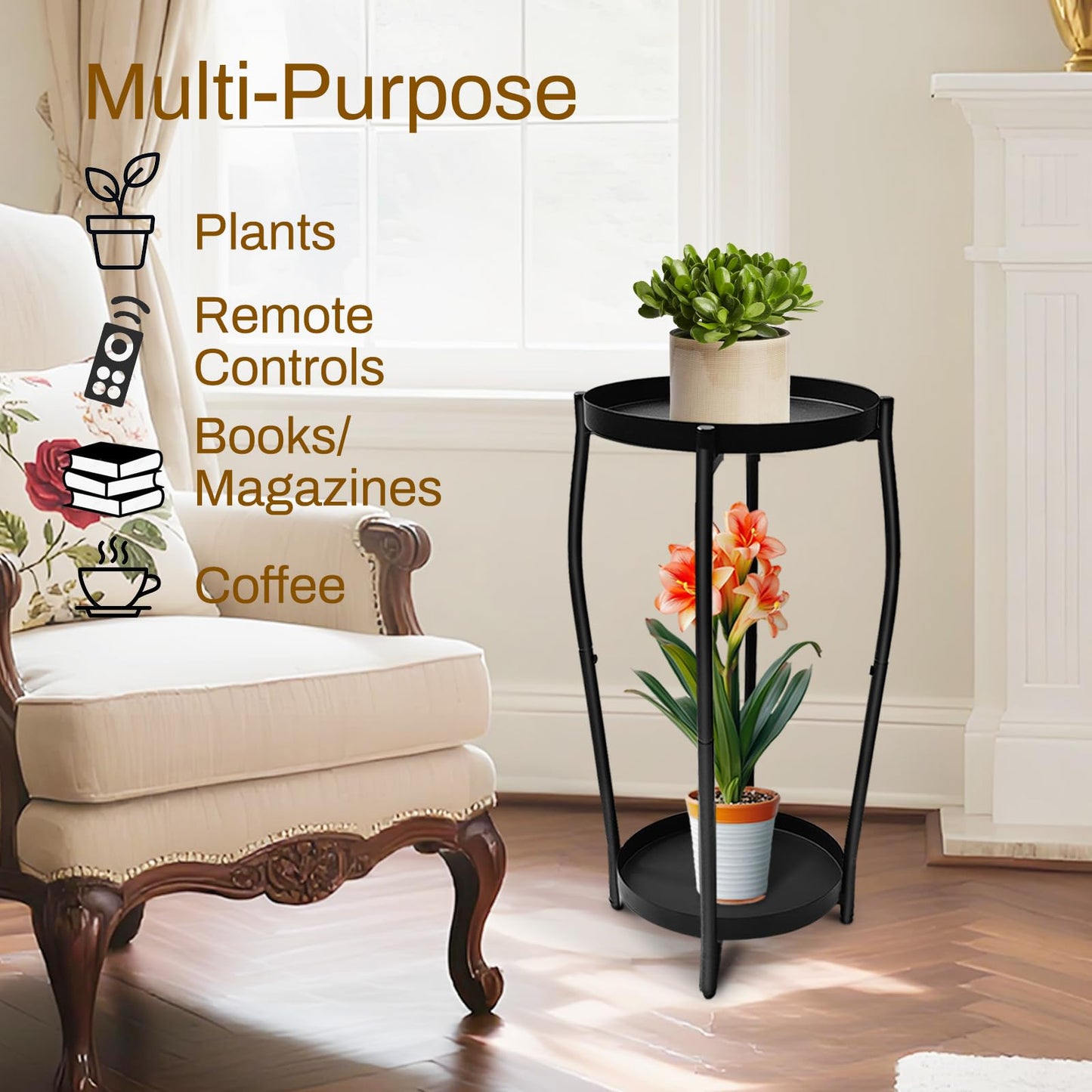 Uniqcovosa Plant Stand Indoor, 2 Tier Tall Wood Plant Stand, 4-Leg Floor Corner Plant Stands, Heavy Duty Plant Shelf Plant Rack Flower Stands For Home Decor (B - Black)